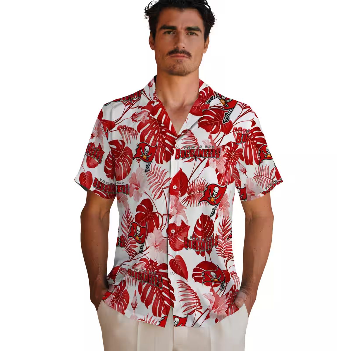 NFL Tampa Bay Buccaneers Tropical Plants Hawaiian Shirt, Red & White Aloha Shirt for Fans