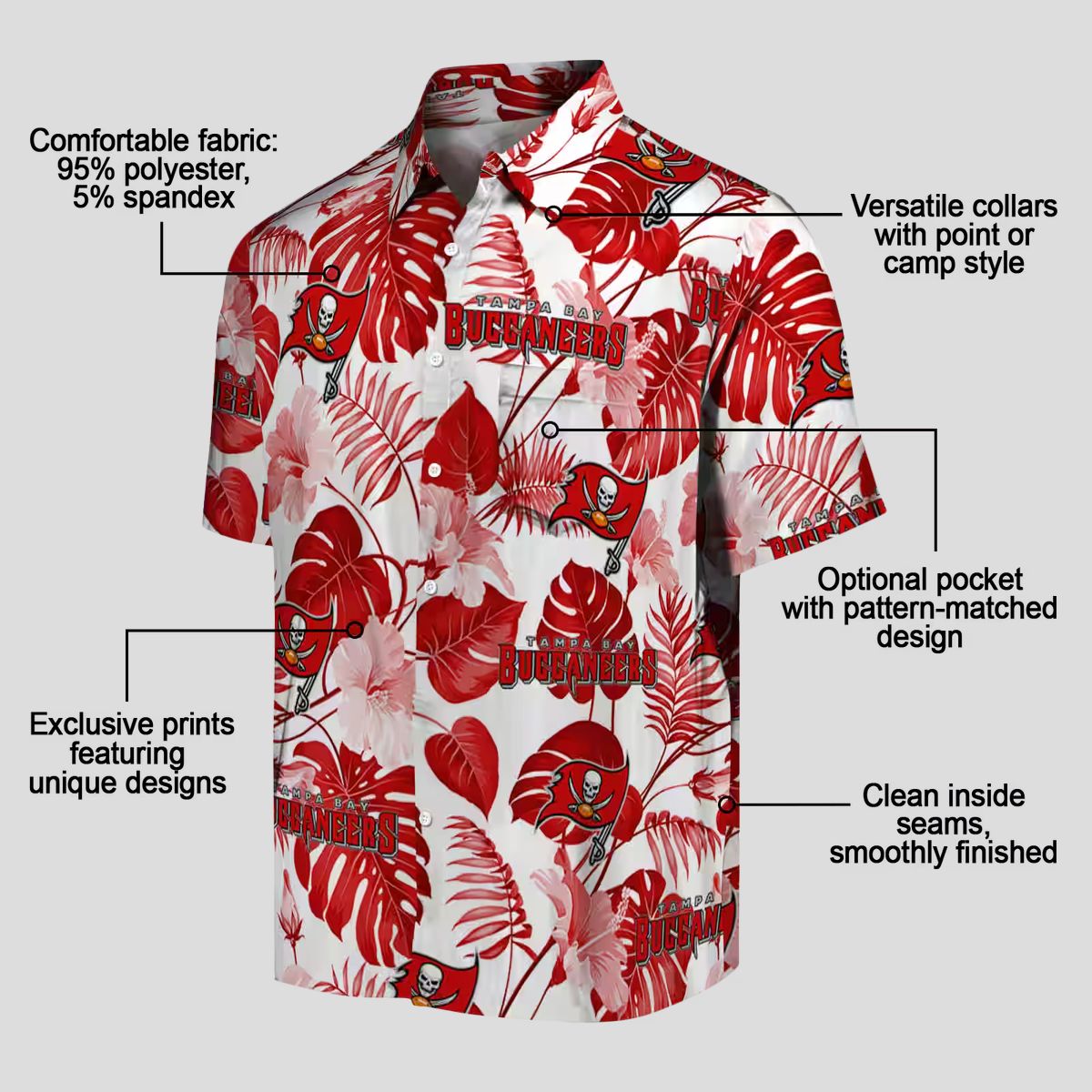 NFL Tampa Bay Buccaneers Tropical Plants Hawaiian Shirt, Red & White Aloha Shirt for Fans