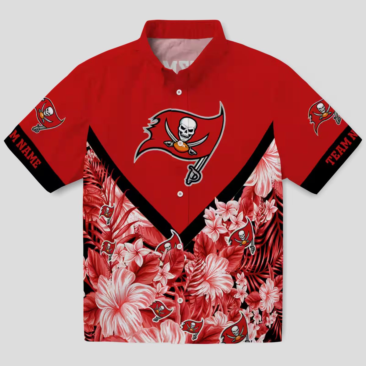 Personalized Tampa Bay Buccaneers Hawaiian Shirt, Red Floral Chevron Summer NFL Beach Shirt