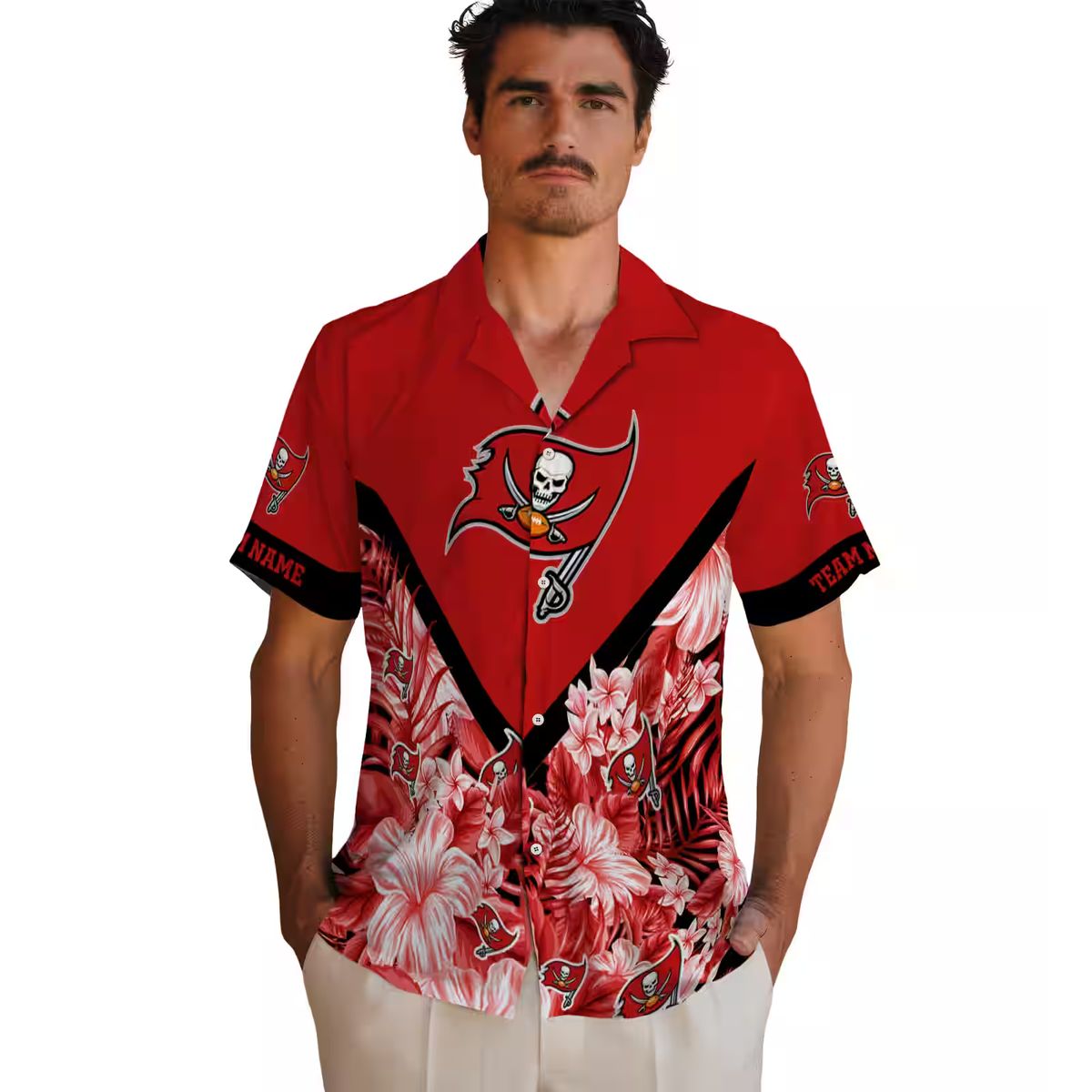 Personalized Tampa Bay Buccaneers Hawaiian Shirt, Red Floral Chevron Summer NFL Beach Shirt