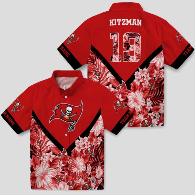 Personalized Tampa Bay Buccaneers Hawaiian Shirt, Red Floral Chevron Summer NFL Beach Shirt