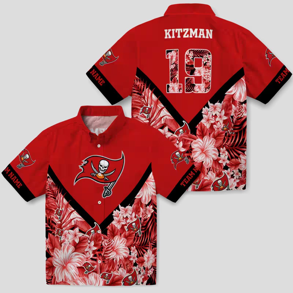 Personalized Tampa Bay Buccaneers Hawaiian Shirt, Red Floral Chevron Summer NFL Beach Shirt