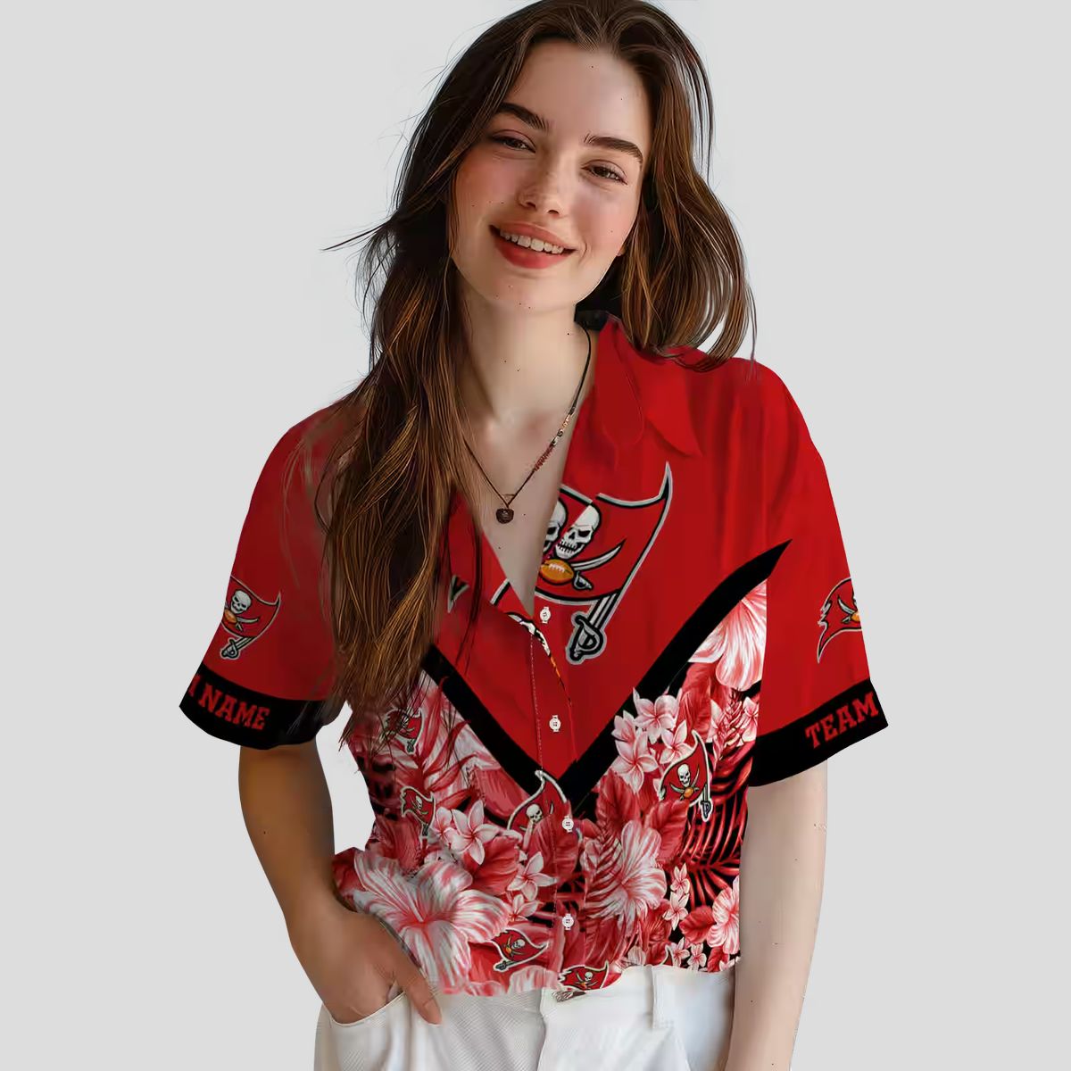 Personalized Tampa Bay Buccaneers Hawaiian Shirt, Red Floral Chevron Summer NFL Beach Shirt