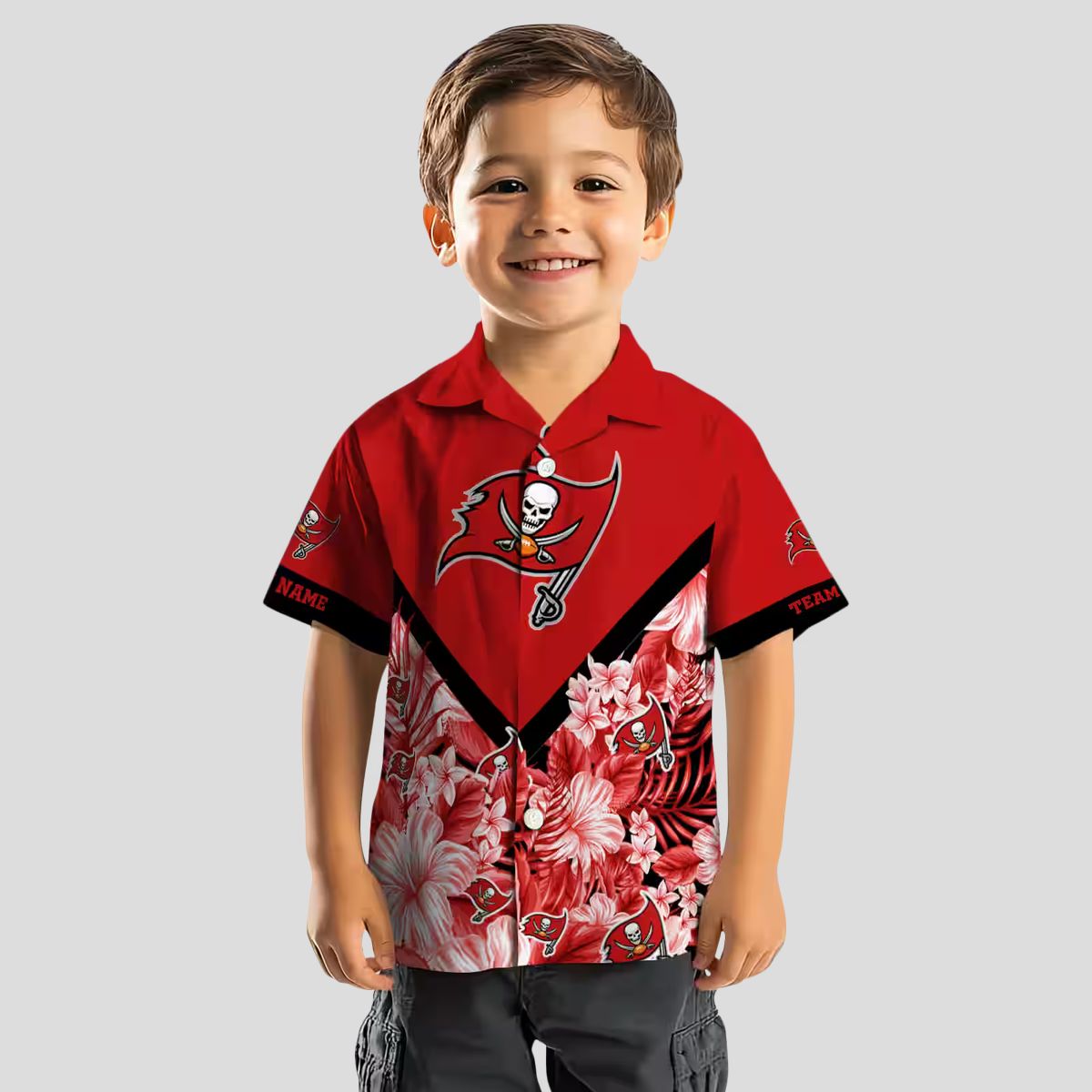 Personalized Tampa Bay Buccaneers Hawaiian Shirt, Red Floral Chevron Summer NFL Beach Shirt