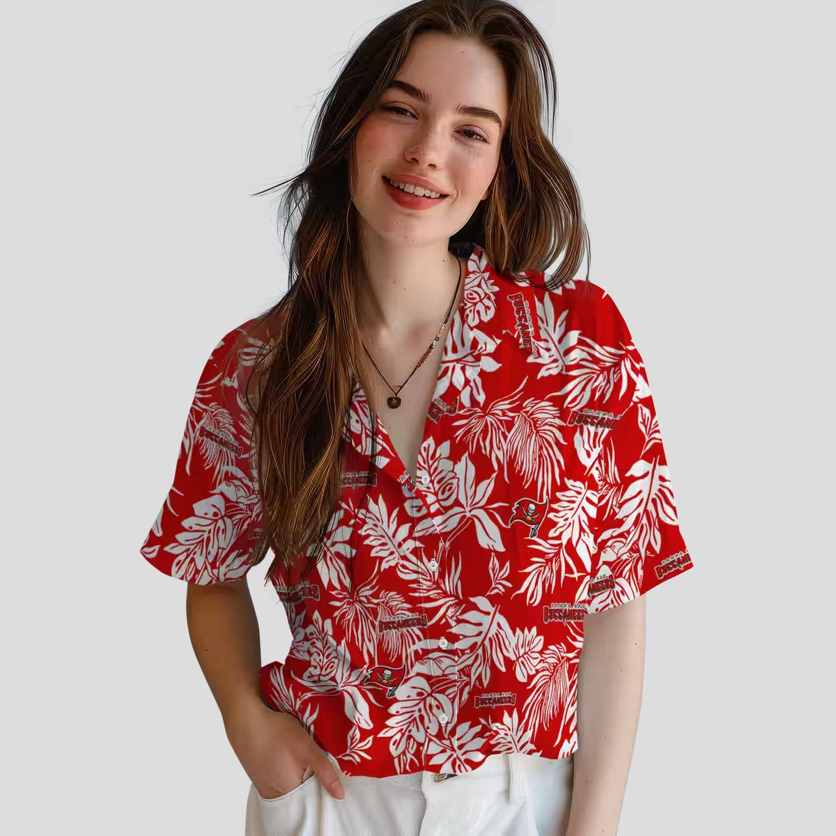 Tampa Bay Buccaneers Aloha Button Up Shirt, Red White Tropical Leaf Summer Hawaiian Shirt