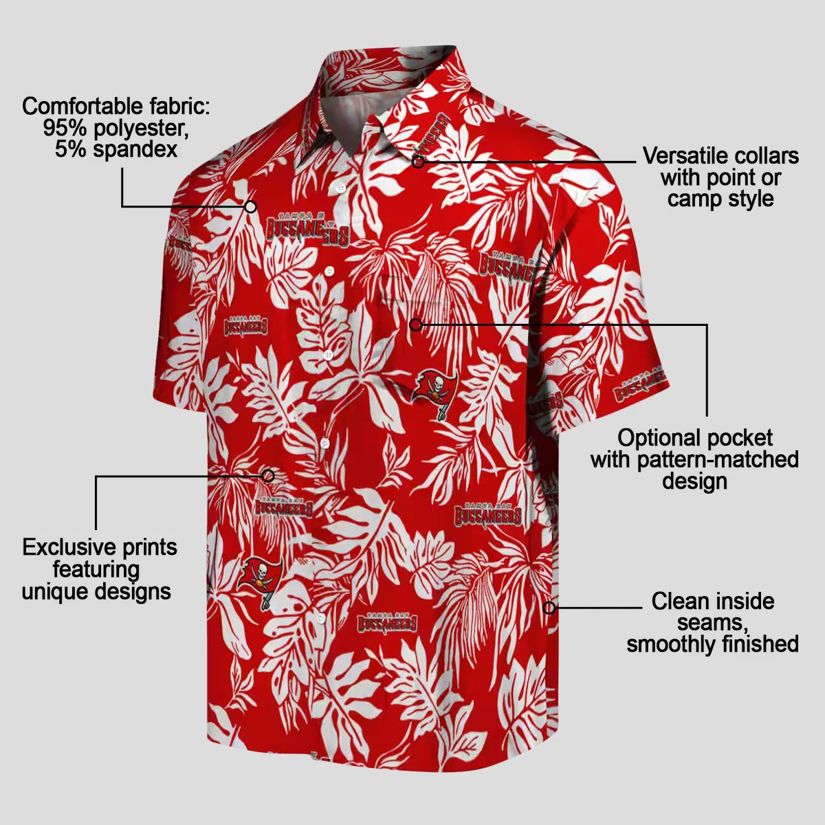 Tampa Bay Buccaneers Aloha Button Up Shirt, Red White Tropical Leaf Summer Hawaiian Shirt