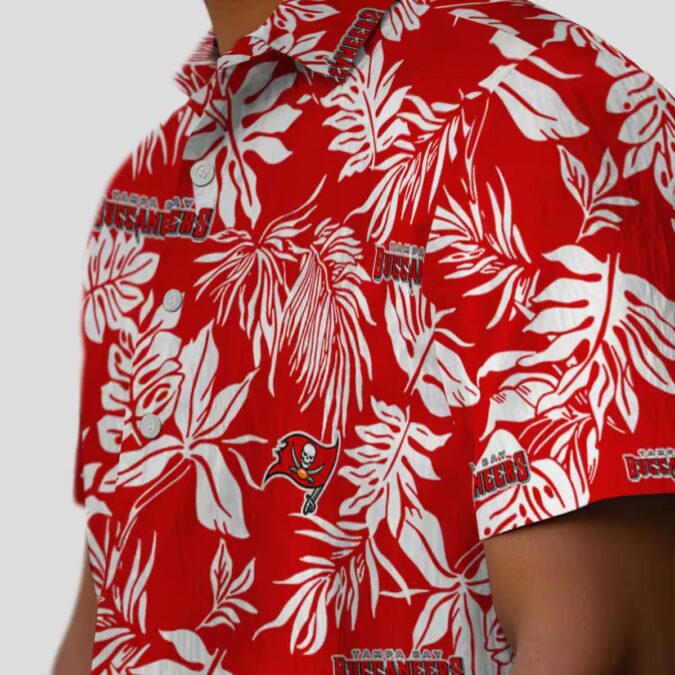 Tampa Bay Buccaneers Aloha Button Up Shirt, Red White Tropical Leaf Summer Hawaiian Shirt