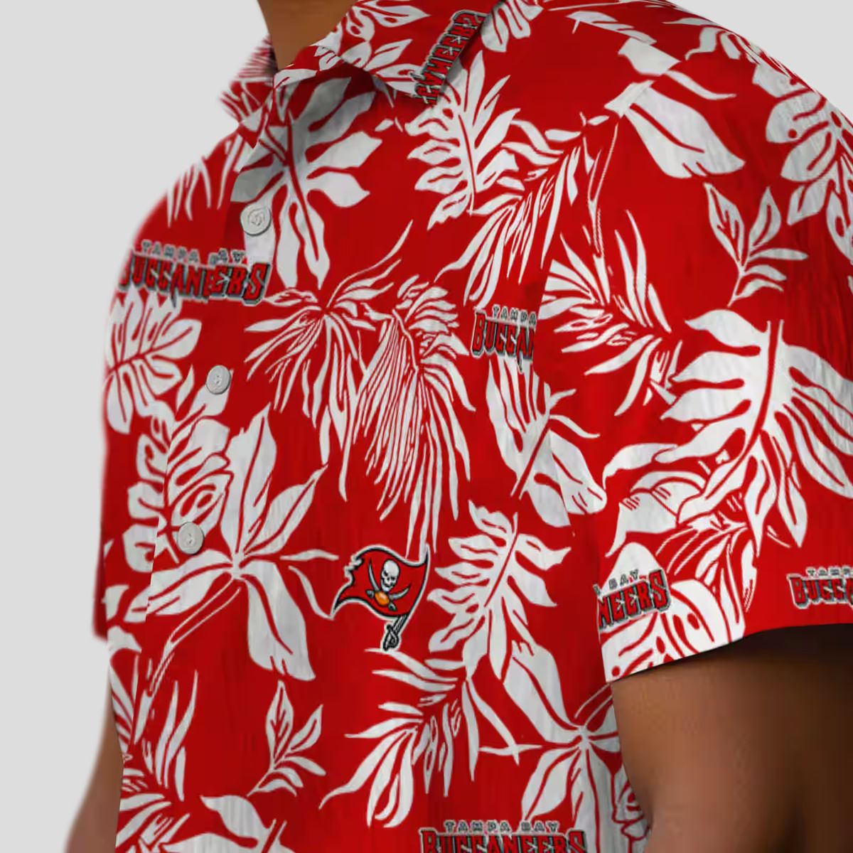 Tampa Bay Buccaneers Aloha Button Up Shirt, Red White Tropical Leaf Summer Hawaiian Shirt