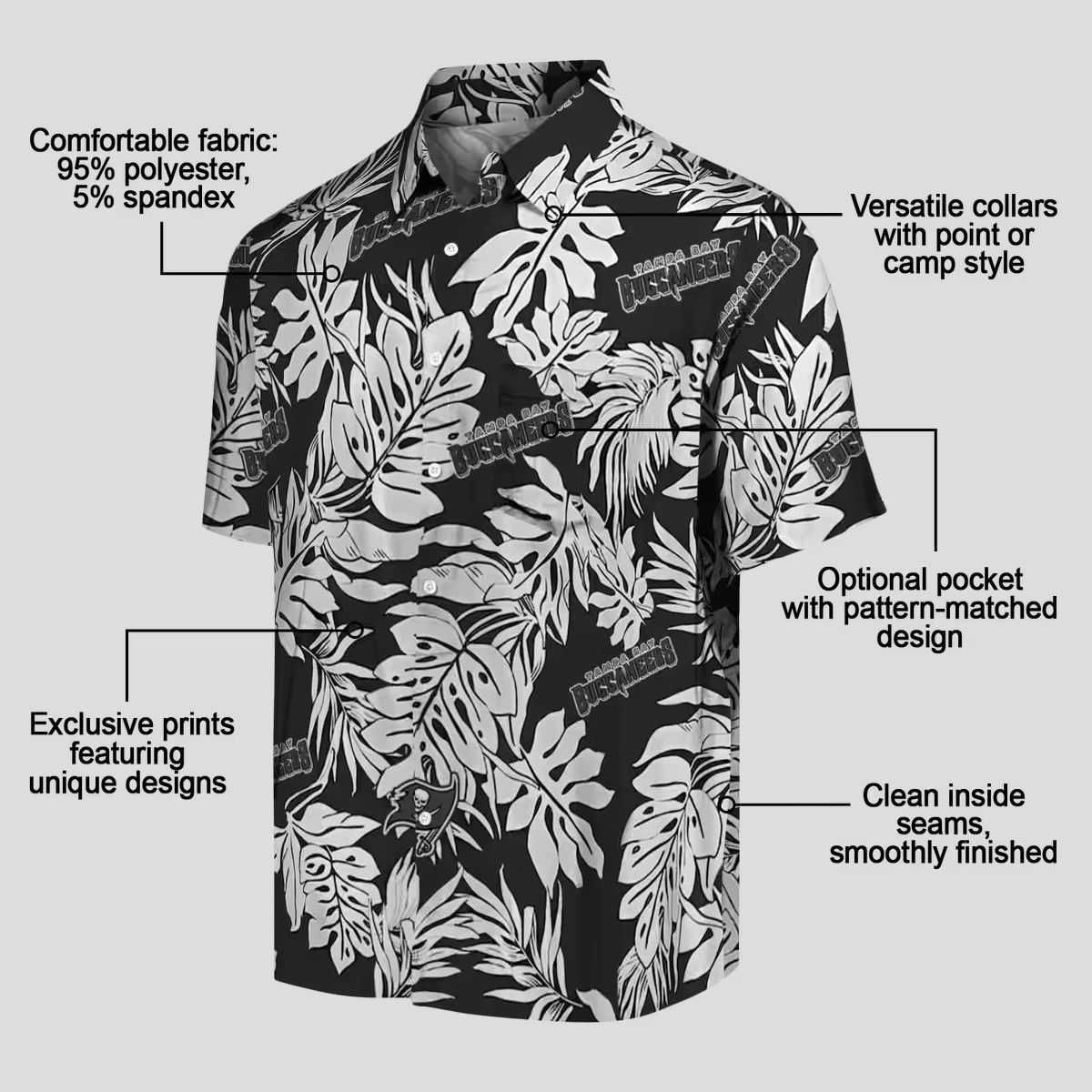Tampa Bay Buccaneers Black Hawaiian Shirt, Monstera Leaf Tropical NFL Apparel