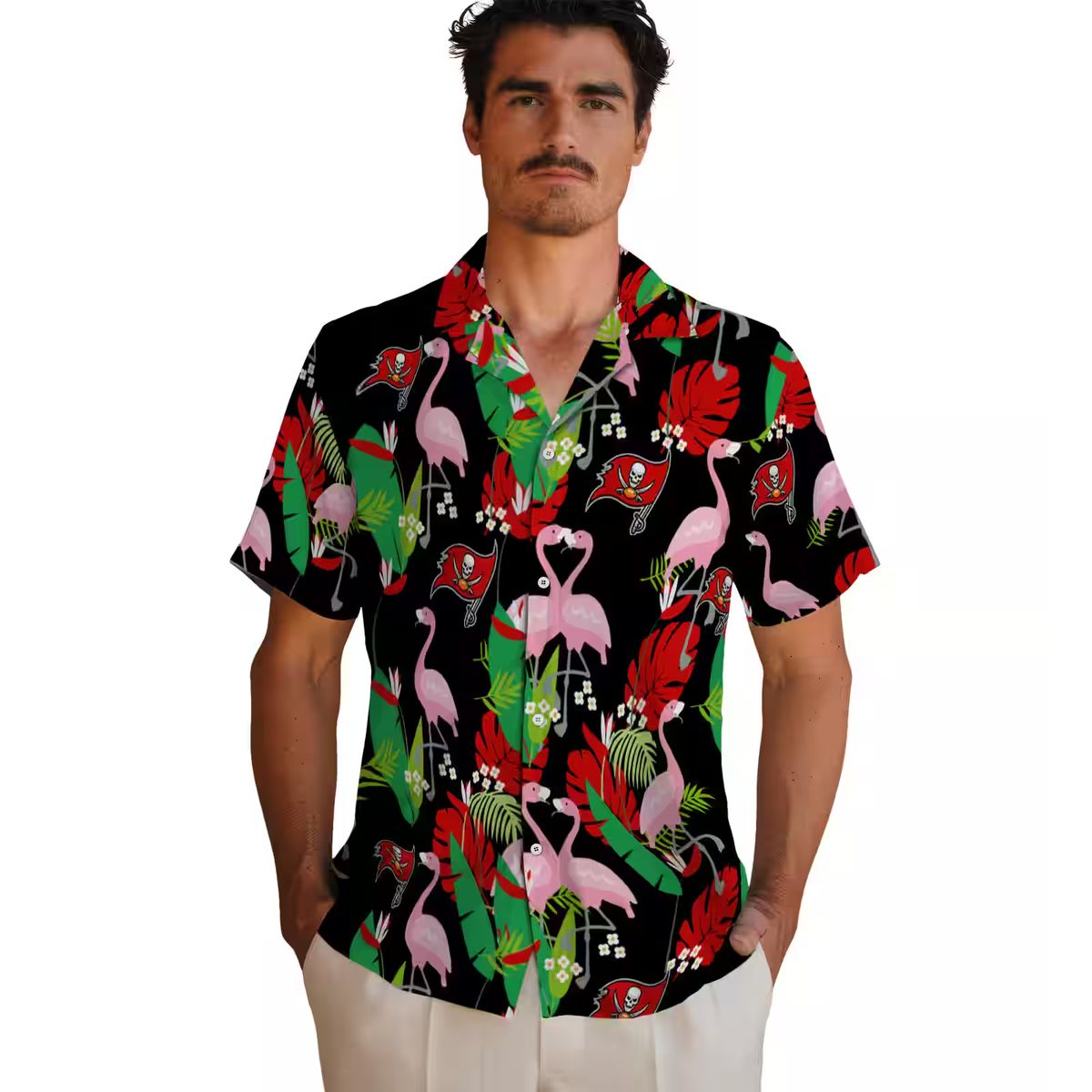 Tampa Bay Buccaneers Flamingo Foliage Hawaiian Shirt, NFL Team Red Green Summer Beach Shirt