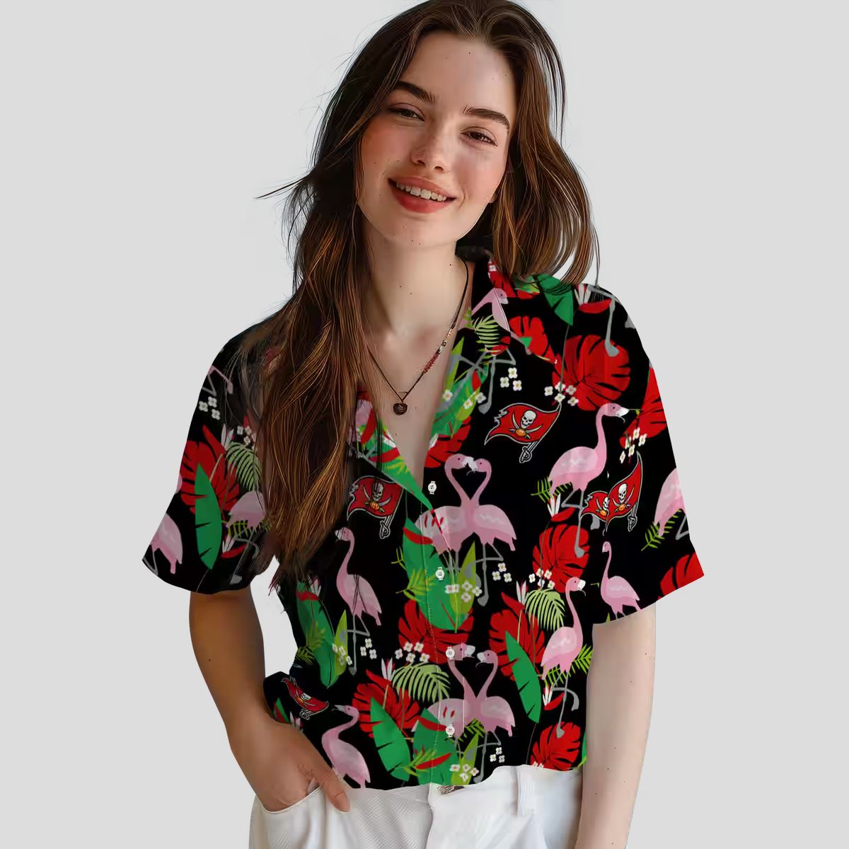Tampa Bay Buccaneers Flamingo Foliage Hawaiian Shirt, NFL Team Red Green Summer Beach Shirt