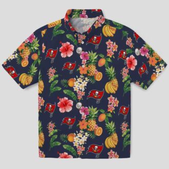 Tampa Bay Buccaneers Hawaiian Button Up Shirt, Hibiscus & Fruit Navy Blue NFL Fan Gear