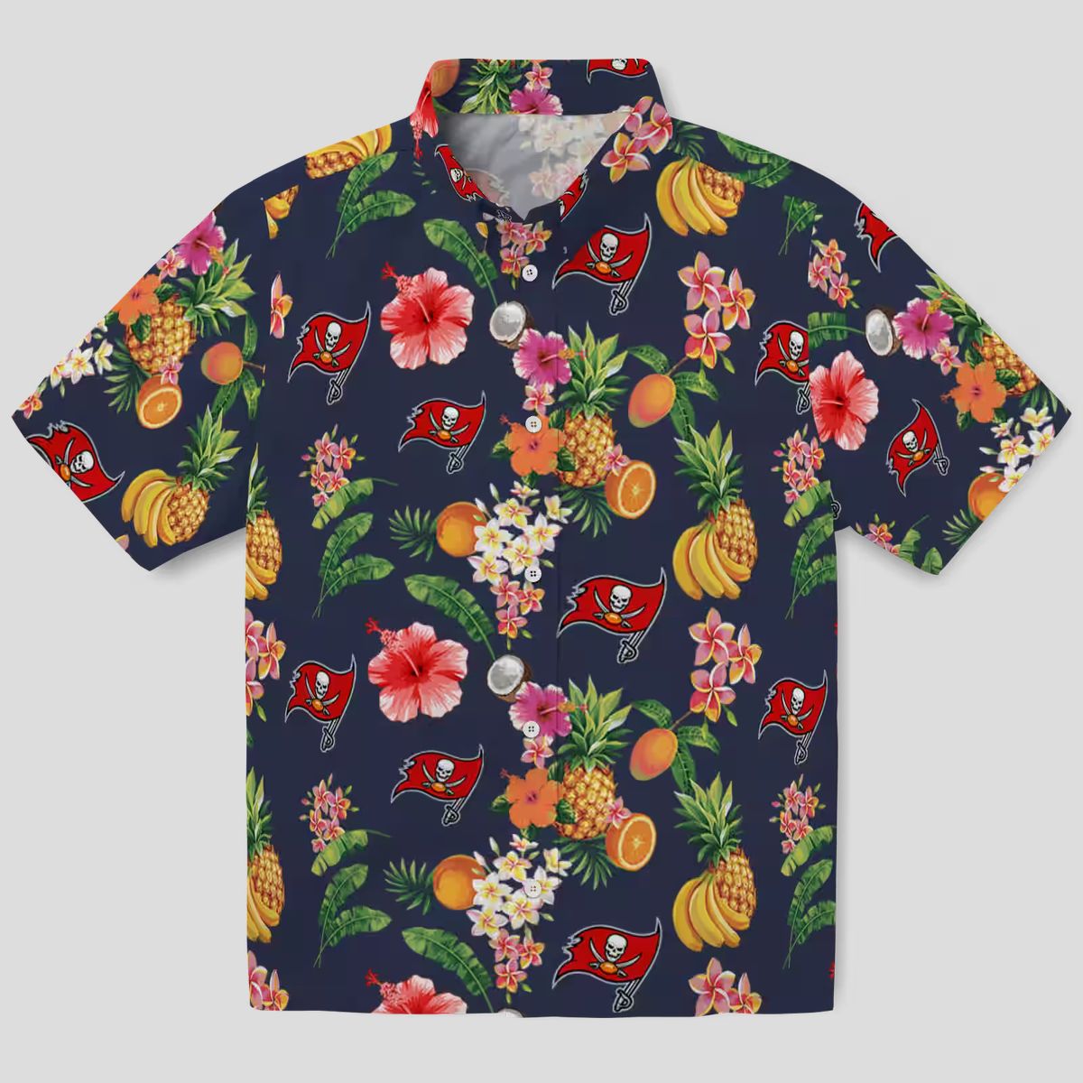 Tampa Bay Buccaneers Hawaiian Button Up Shirt, Hibiscus & Fruit Navy Blue NFL Fan Gear