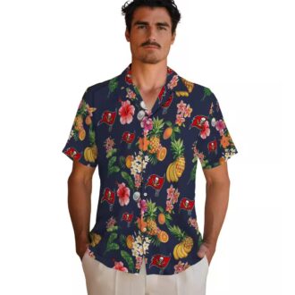 Tampa Bay Buccaneers Hawaiian Button Up Shirt, Hibiscus & Fruit Navy Blue NFL Fan Gear