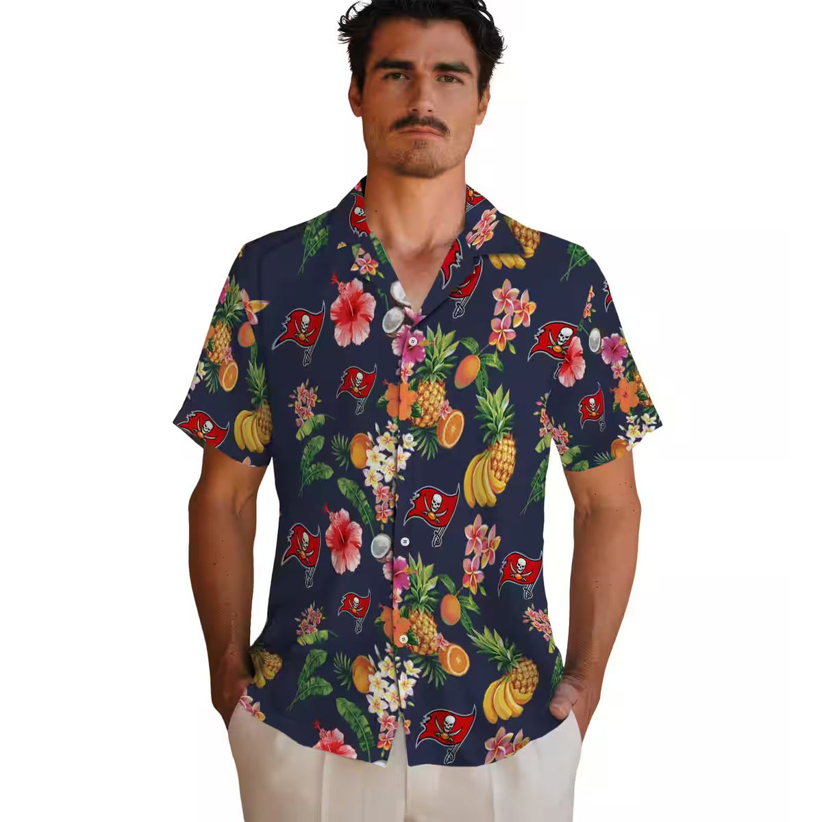Tampa Bay Buccaneers Hawaiian Button Up Shirt, Hibiscus & Fruit Navy Blue NFL Fan Gear