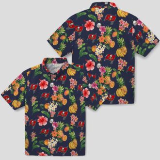 Tampa Bay Buccaneers Hawaiian Button Up Shirt, Hibiscus & Fruit Navy Blue NFL Fan Gear