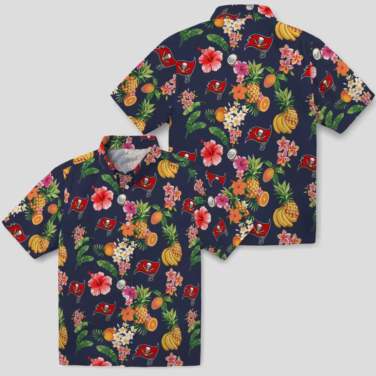 Tampa Bay Buccaneers Hawaiian Button Up Shirt, Hibiscus & Fruit Navy Blue NFL Fan Gear