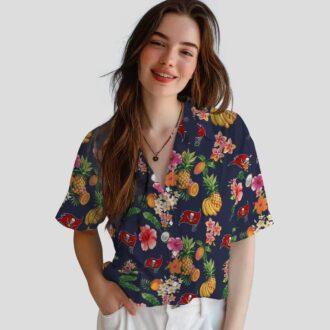 Tampa Bay Buccaneers Hawaiian Button Up Shirt, Hibiscus & Fruit Navy Blue NFL Fan Gear
