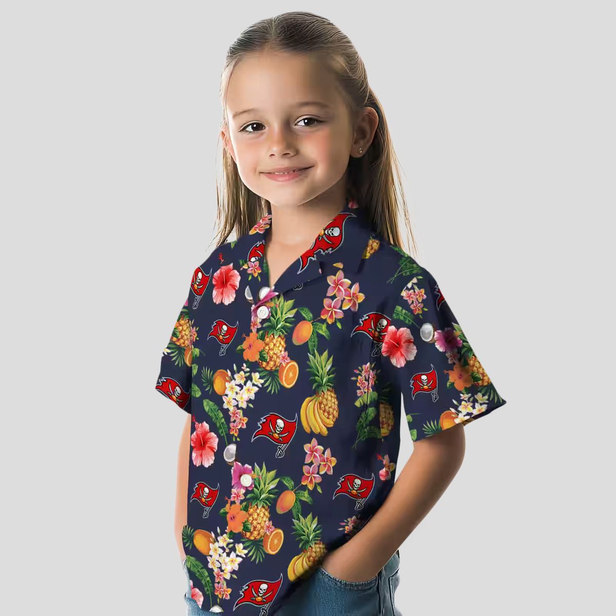 Tampa Bay Buccaneers Hawaiian Button Up Shirt, Hibiscus & Fruit Navy Blue NFL Fan Gear