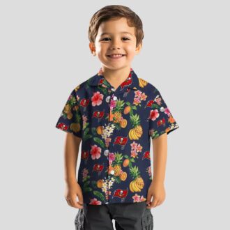 Tampa Bay Buccaneers Hawaiian Button Up Shirt, Hibiscus & Fruit Navy Blue NFL Fan Gear
