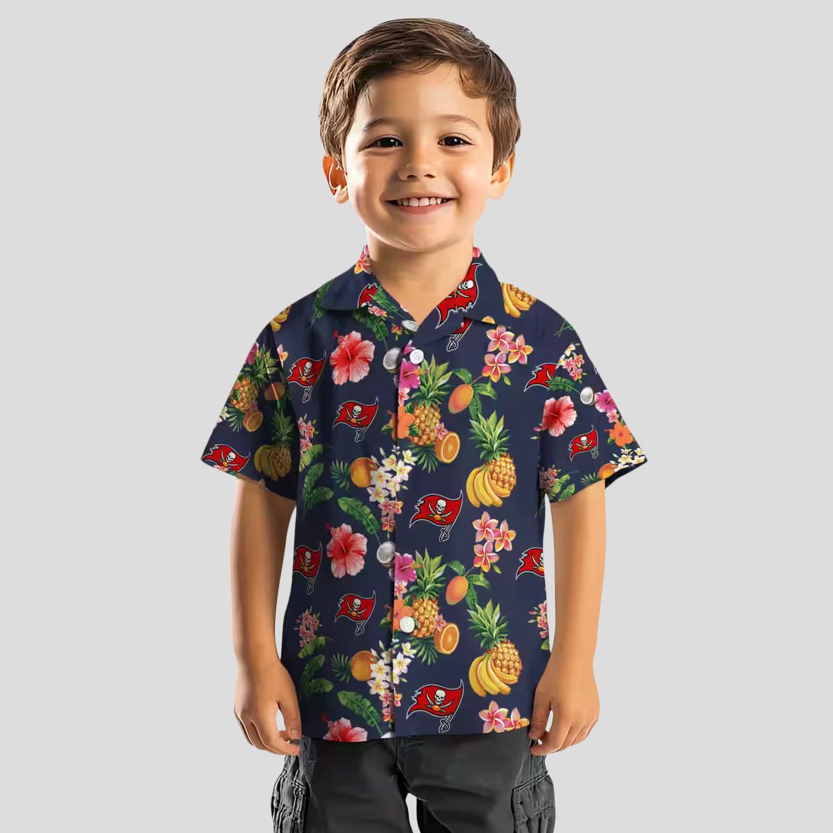Tampa Bay Buccaneers Hawaiian Button Up Shirt, Hibiscus & Fruit Navy Blue NFL Fan Gear