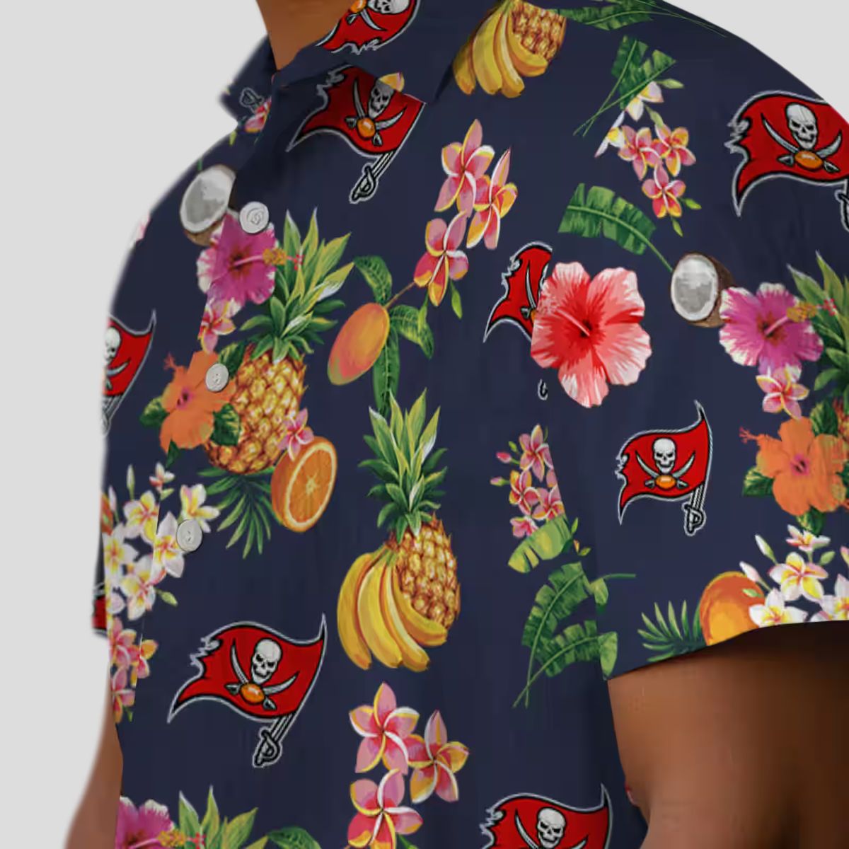 Tampa Bay Buccaneers Hawaiian Button Up Shirt, Hibiscus & Fruit Navy Blue NFL Fan Gear