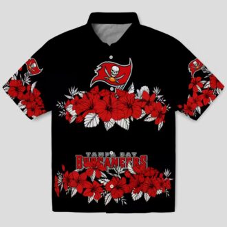 Tampa Bay Buccaneers Hibiscus Stripe Hawaiian Shirt, NFL Red Black Beach Summer Shirt