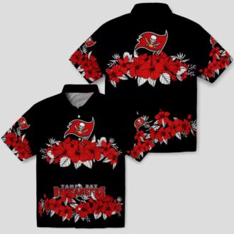 Tampa Bay Buccaneers Hibiscus Stripe Hawaiian Shirt, NFL Red Black Beach Summer Shirt