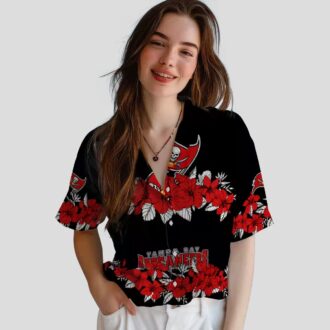 Tampa Bay Buccaneers Hibiscus Stripe Hawaiian Shirt, NFL Red Black Beach Summer Shirt