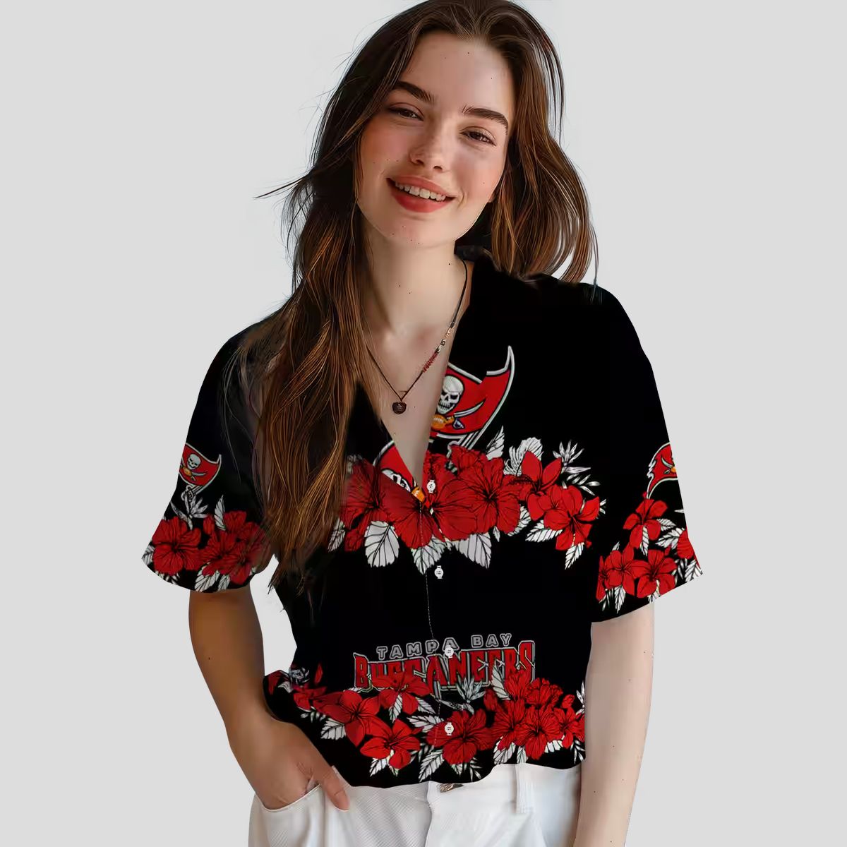 Tampa Bay Buccaneers Hibiscus Stripe Hawaiian Shirt, NFL Red Black Beach Summer Shirt