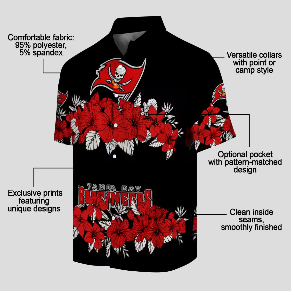 Tampa Bay Buccaneers Hibiscus Stripe Hawaiian Shirt, NFL Red Black Beach Summer Shirt
