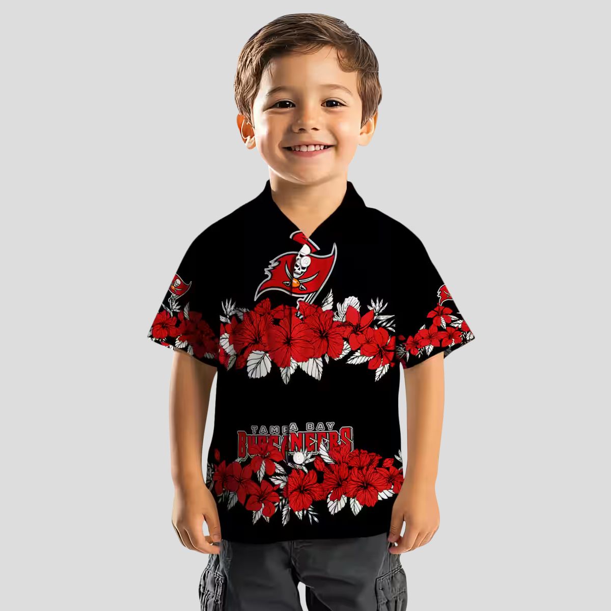 Tampa Bay Buccaneers Hibiscus Stripe Hawaiian Shirt, NFL Red Black Beach Summer Shirt