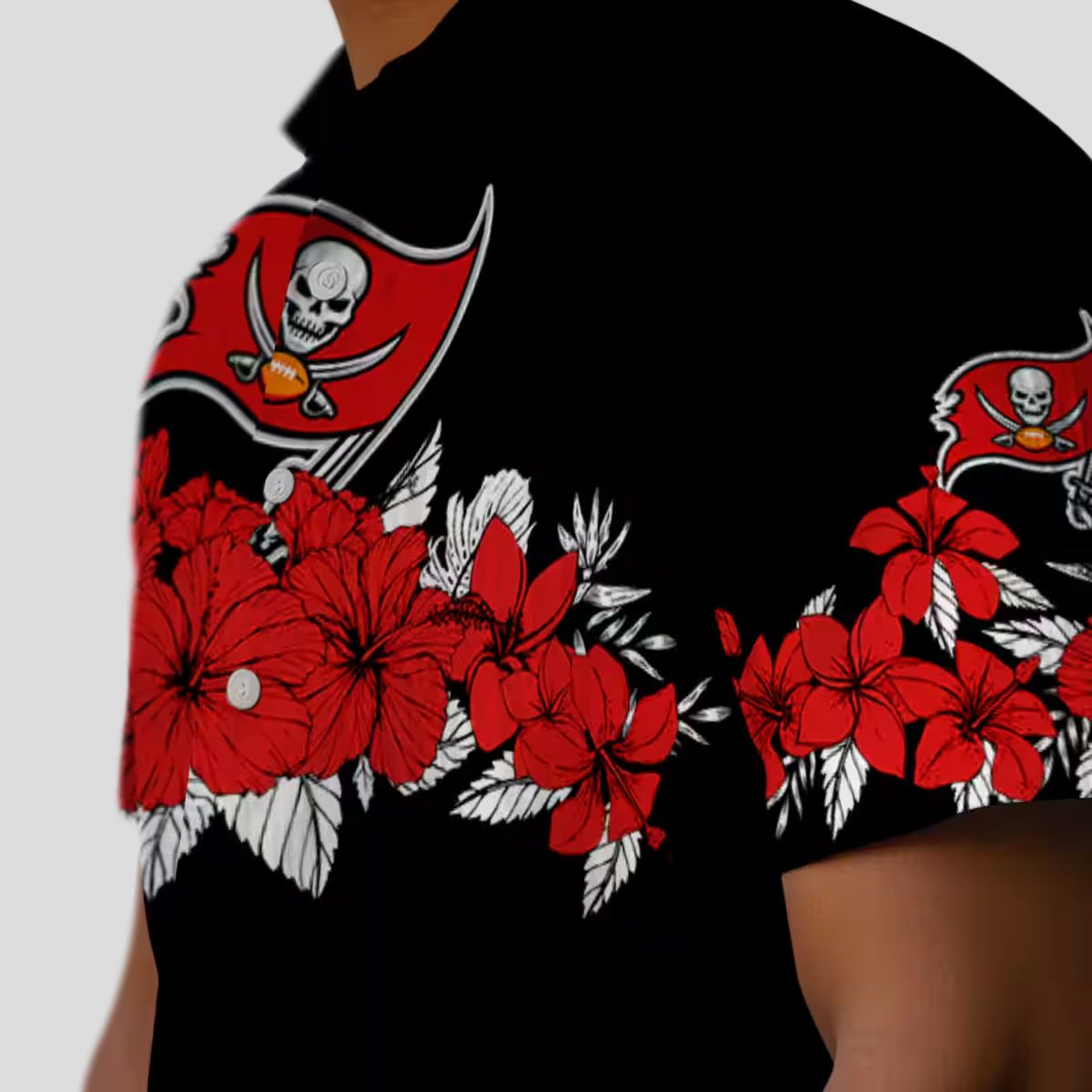 Tampa Bay Buccaneers Hibiscus Stripe Hawaiian Shirt, NFL Red Black Beach Summer Shirt