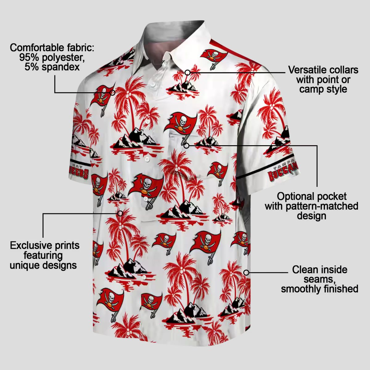 Tampa Bay Buccaneers Palm Island Print Shirt, Red & White NFL Tropical Hawaiian Summer