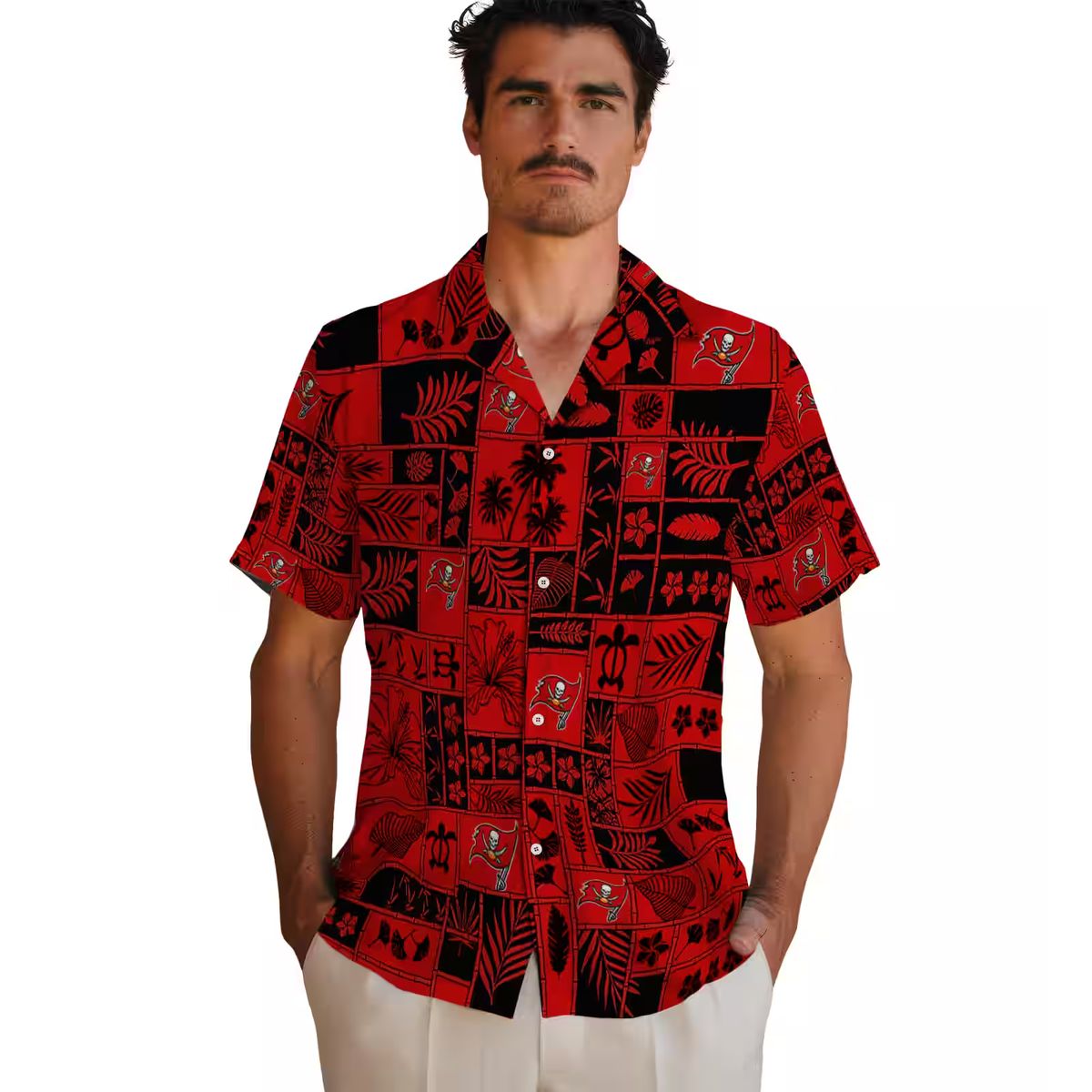Tampa Bay Buccaneers Red Black Tropical Hawaiian Shirt, NFL Patchwork Design for Summer & Beach