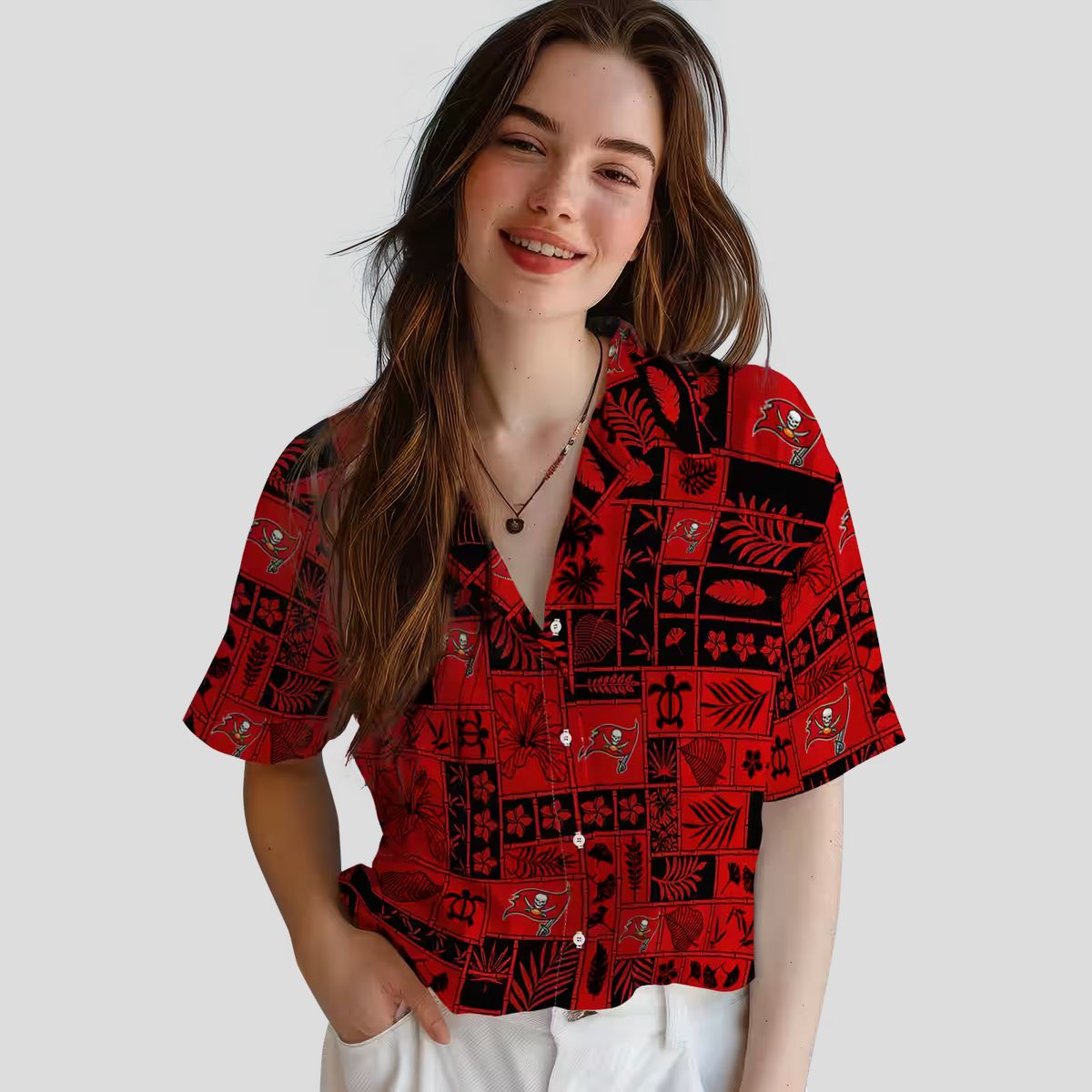 Tampa Bay Buccaneers Red Black Tropical Hawaiian Shirt, NFL Patchwork Design for Summer & Beach