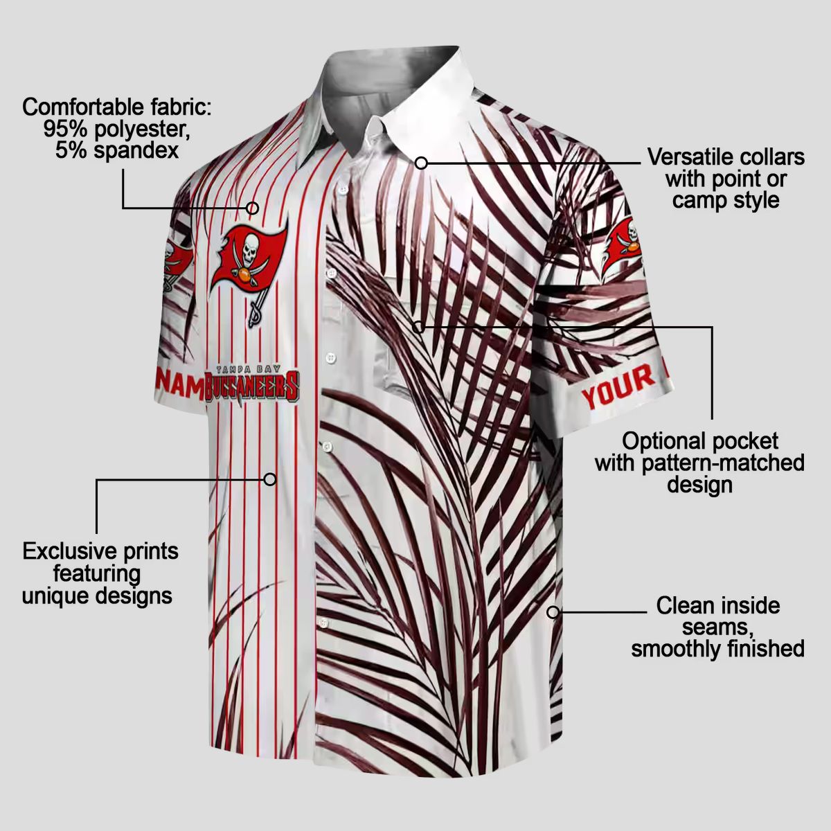 Tampa Bay Buccaneers Red Black White Hawaiian Shirt, Palm Stripes Design NFL Fan Apparel