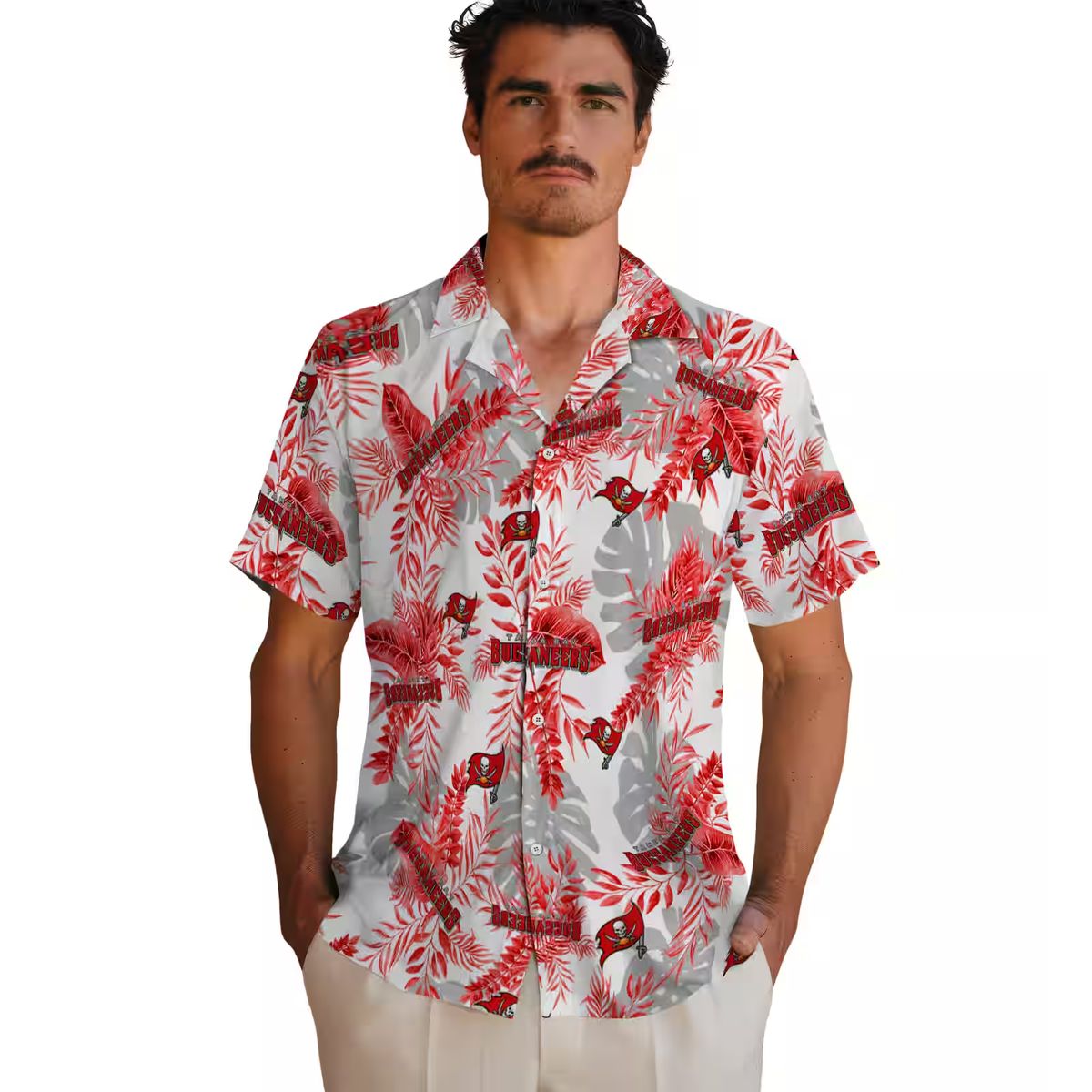 Tampa Bay Buccaneers Tropical Leaves Hawaiian Shirt - Red White Floral Style