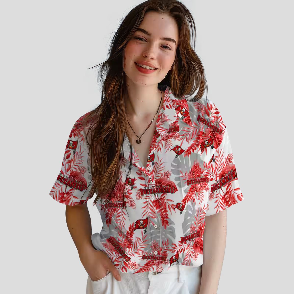Tampa Bay Buccaneers Tropical Leaves Hawaiian Shirt - Red White Floral Style