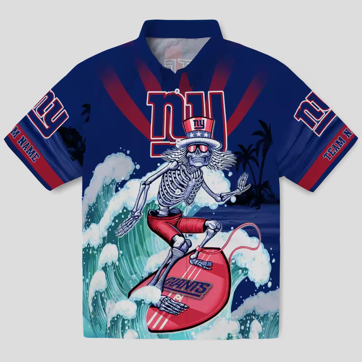 Limited Edition New York Giants Hawaiian Shirt, Blue Surfing Skeleton NFL Apparel