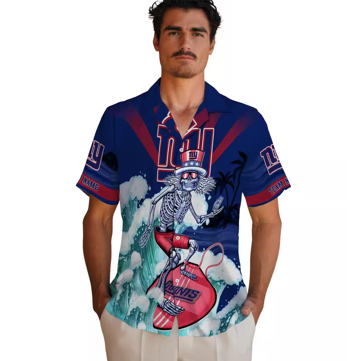 Limited Edition New York Giants Hawaiian Shirt, Blue Surfing Skeleton NFL Apparel