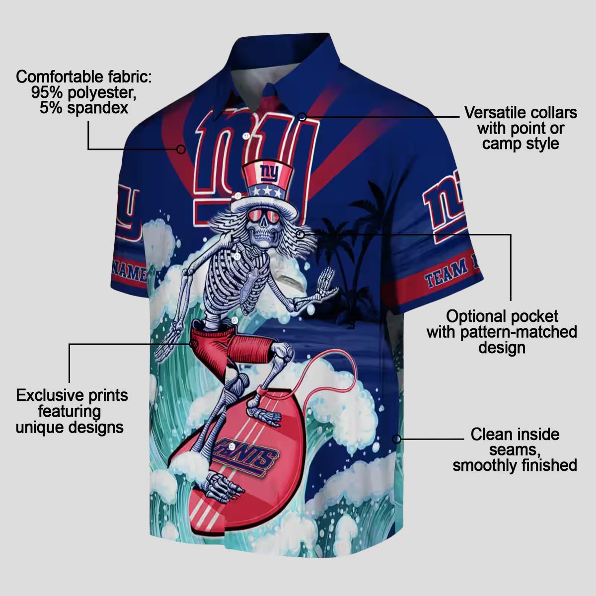 Limited Edition New York Giants Hawaiian Shirt, Blue Surfing Skeleton NFL Apparel