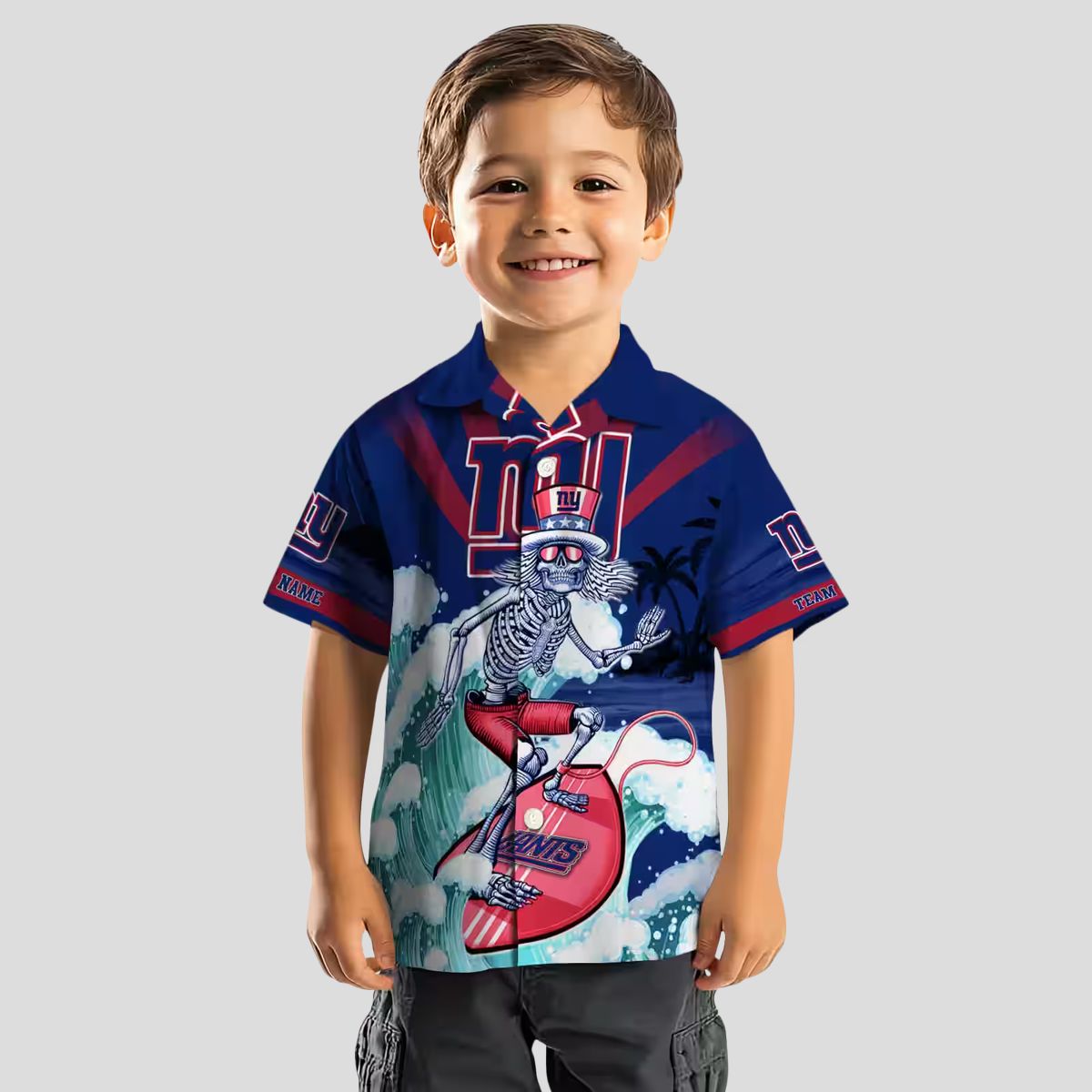 Limited Edition New York Giants Hawaiian Shirt, Blue Surfing Skeleton NFL Apparel