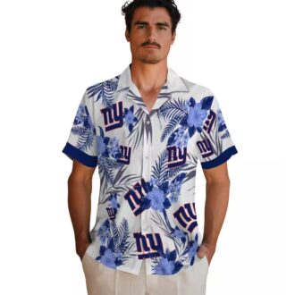 New York Giants Floral Hawaiian Button Up Shirt, Patriotic Hibiscus Print Beach Outfit
