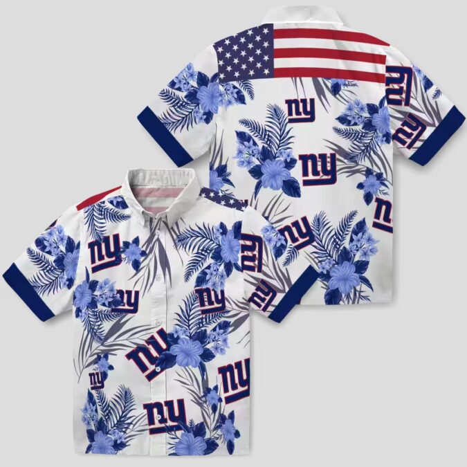 New York Giants Floral Hawaiian Button Up Shirt, Patriotic Hibiscus Print Beach Outfit