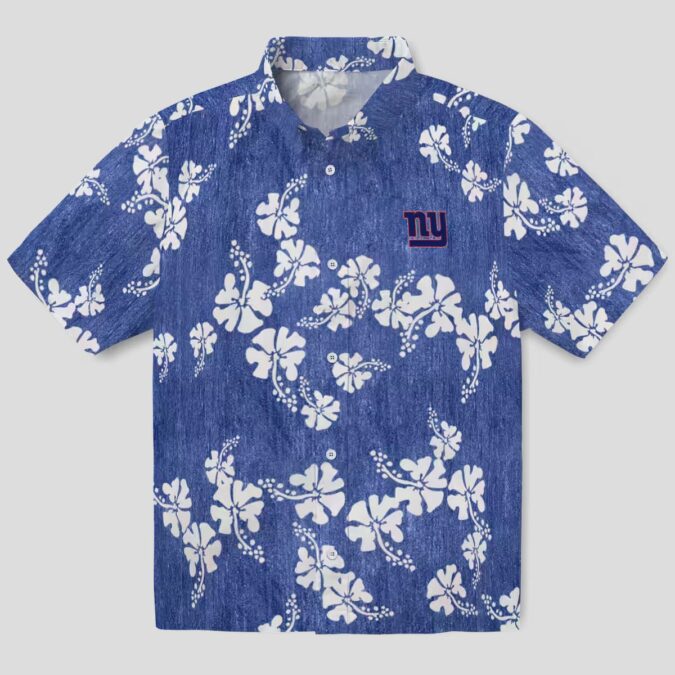 New York Giants Hawaiian Shirt, Blue Hibiscus Clusters Print NFL Aloha Button Up