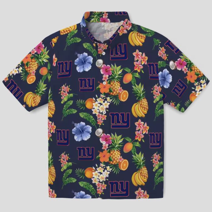 New York Giants Navy Blue Hawaiian Shirt, Hibiscus & Fruit Beach Vacation Outfit