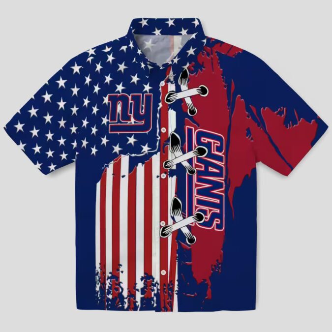 New York Giants Stitched Flag Hawaiian Shirt, Blue Tropical Summer Outfit for NFL Fans