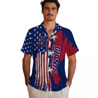 New York Giants Stitched Flag Hawaiian Shirt, Blue Tropical Summer Outfit for NFL Fans