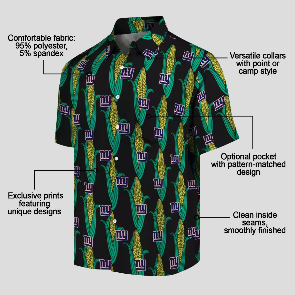 New York Giants Summer Hawaiian Shirt, Black & Green Corn Pattern Football Apparel